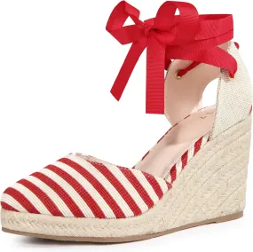 Perphy Stripe Lace Up Espadrilles Platform Wedge Sandals for Women