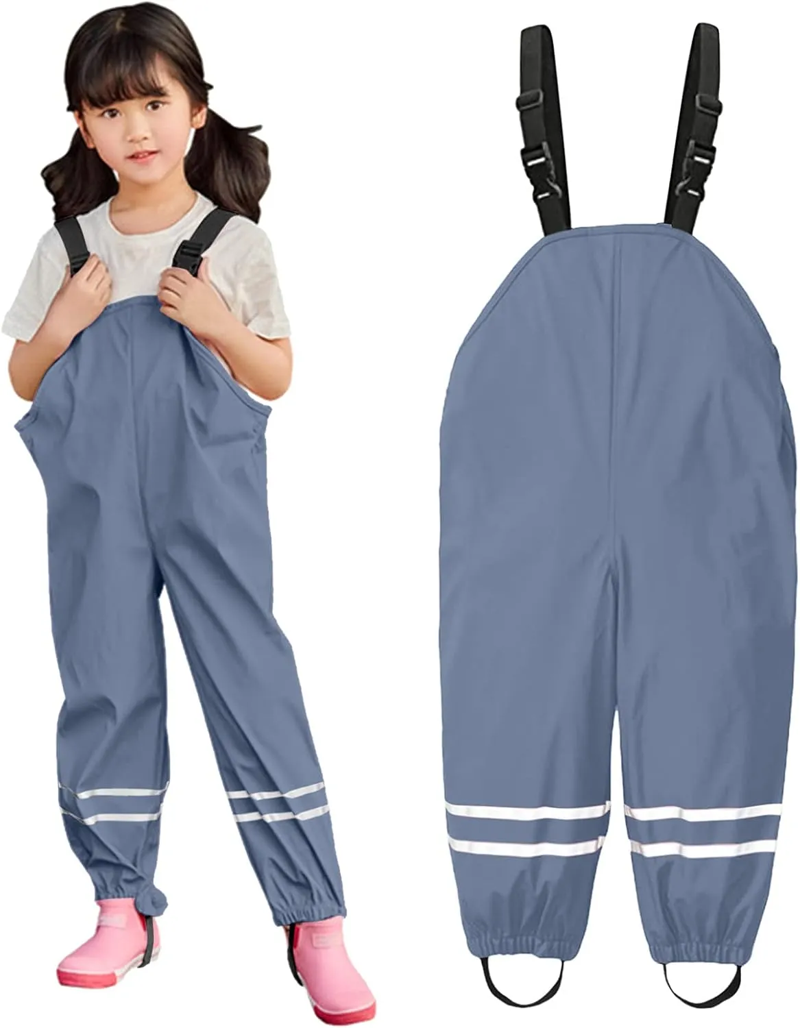 Toddlers Girls Boys Rain Bib Pants Raincoat Windproof Reflective Strips Adjustable Shoulder Strap Outwear