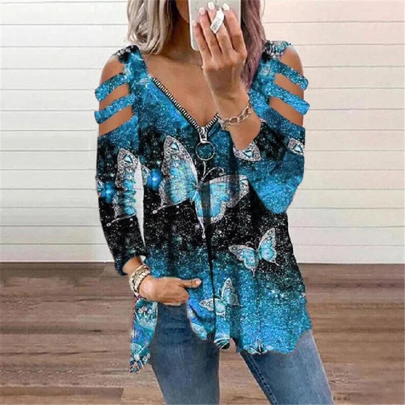 V-neck butterfly print long-sleeved T-shirt with zipper