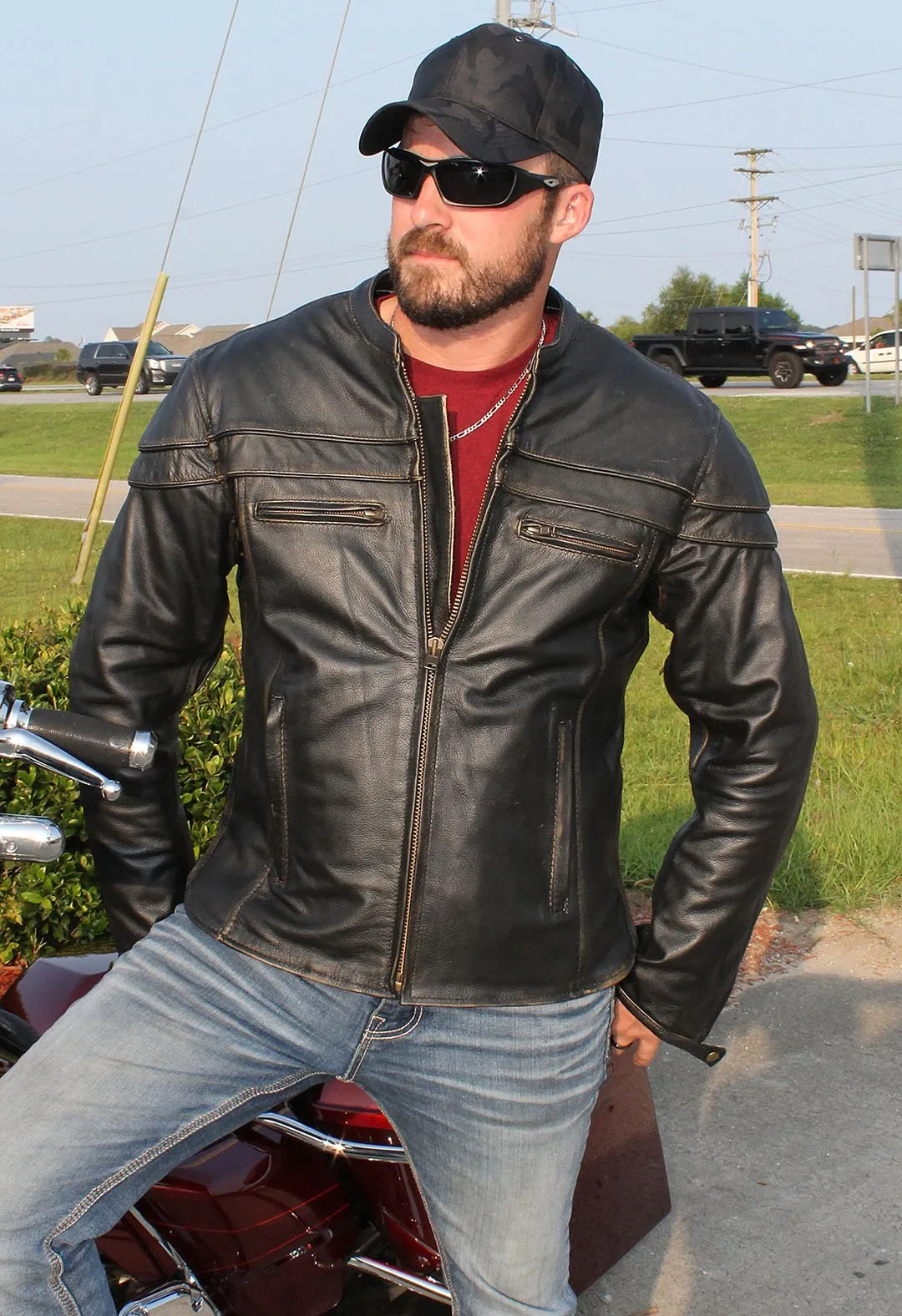 Vintage Leather Vented Motorcycle Jacket w/Concealed Pockets #MA6037VZN