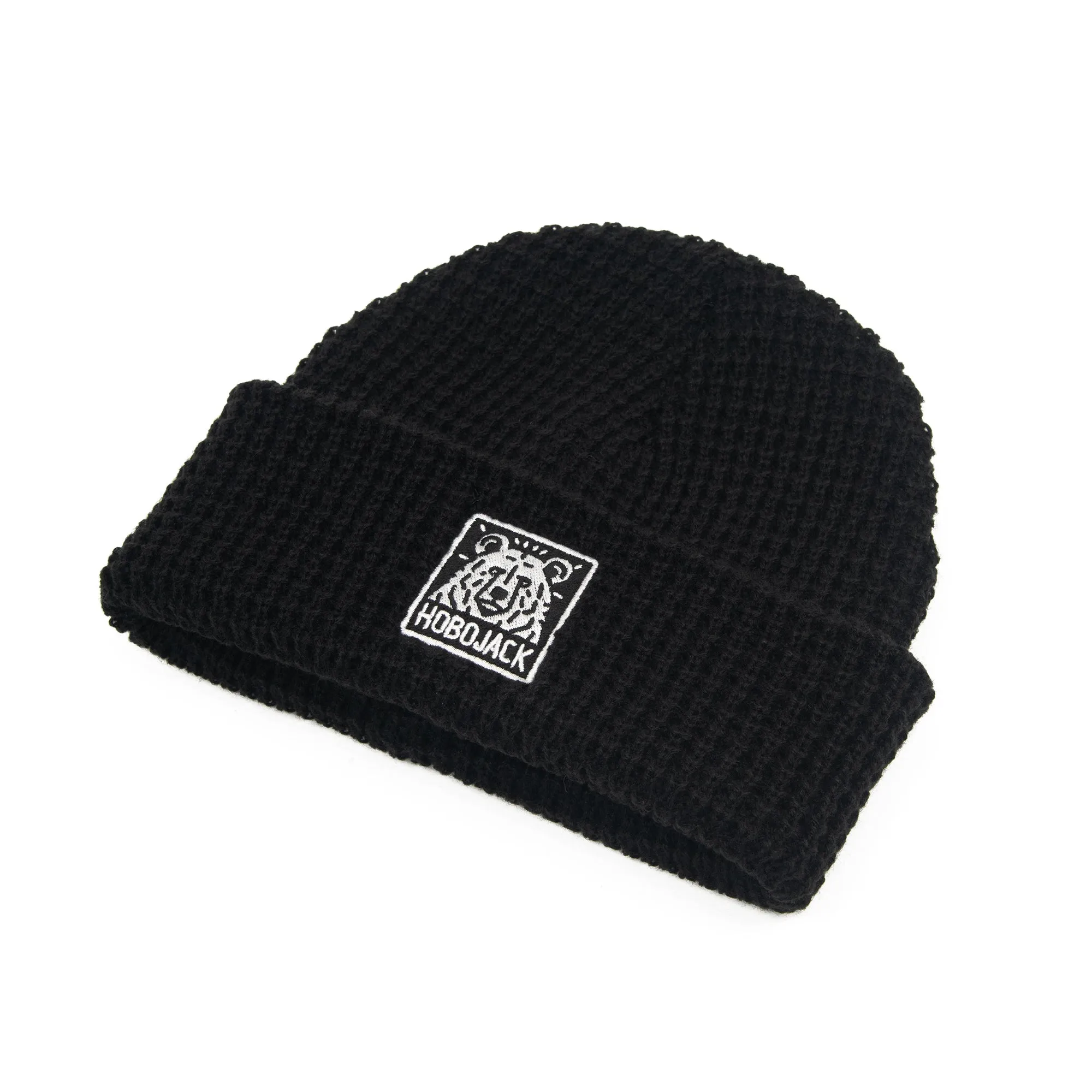 WILD BEAR PATCH WAFFLE BEANIE - BLACK