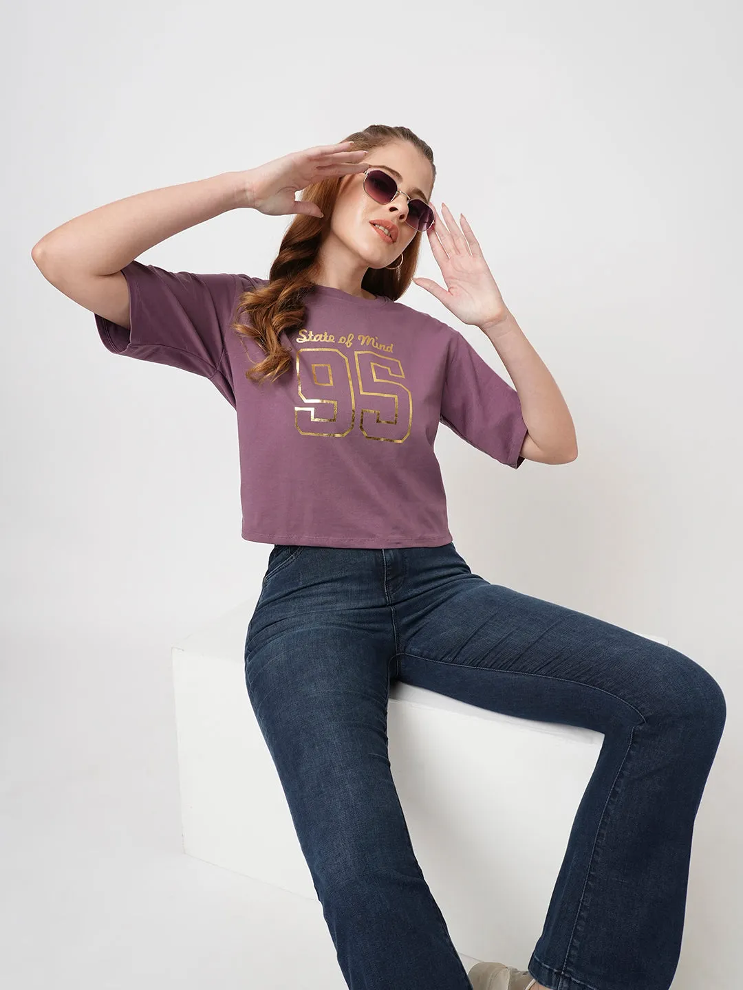Women Slim Fit Mauve Boxy T-Shirt Chest Print