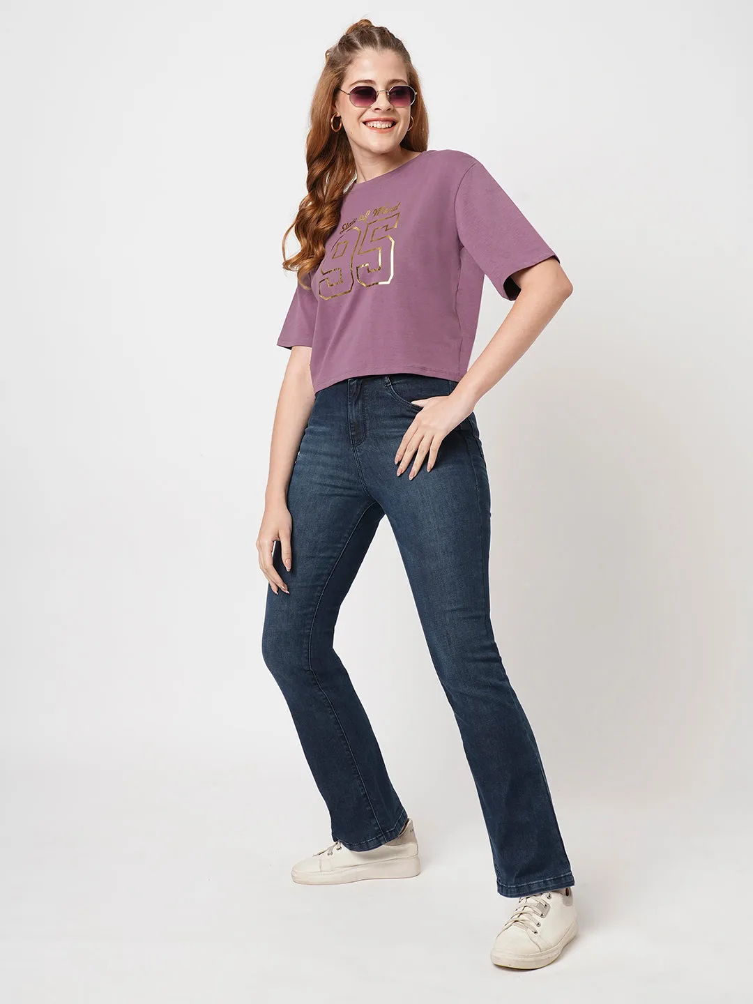 Women Slim Fit Mauve Boxy T-Shirt Chest Print