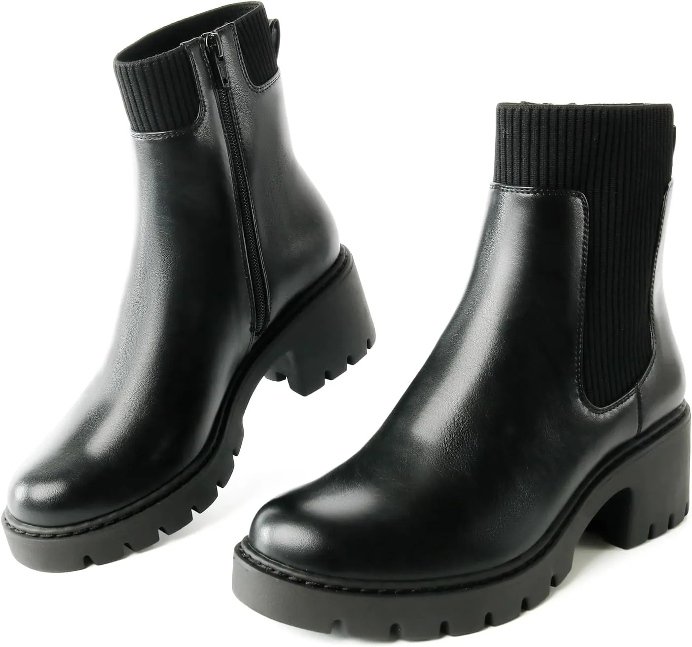 Women's Chelsea Boots Platform Elastic Zippers Chunky Heel Lug Sole Comfortable Slip On Booties for Women