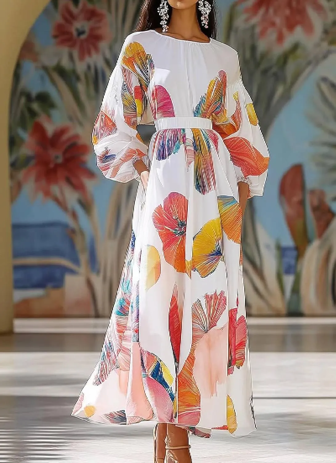 Women's Dresses Sophisticated Round Neck Puff Long Sleeves Dress Formal Floral Print A Line Maxi Dress Wedding Guest Dresses