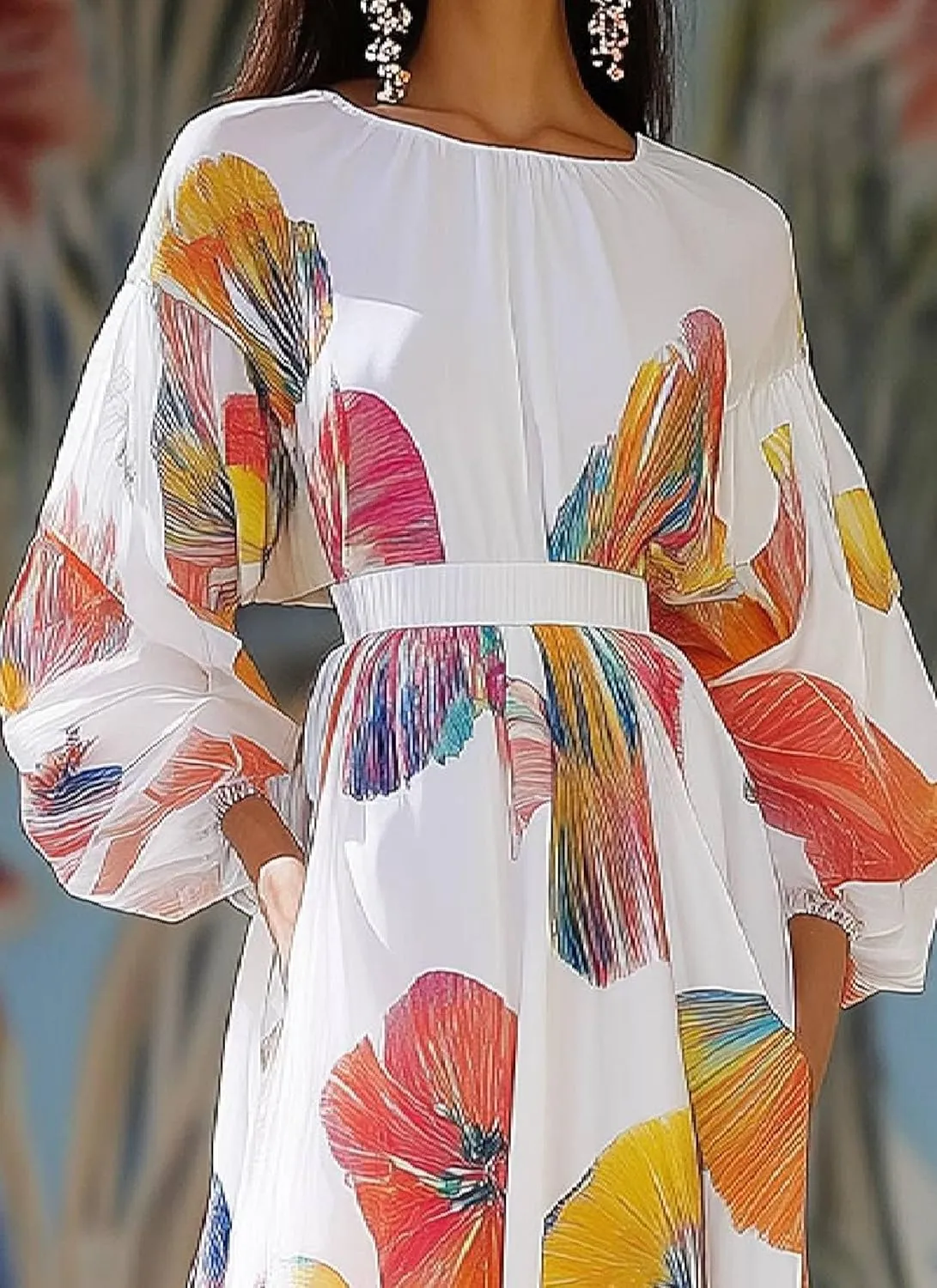 Women's Dresses Sophisticated Round Neck Puff Long Sleeves Dress Formal Floral Print A Line Maxi Dress Wedding Guest Dresses