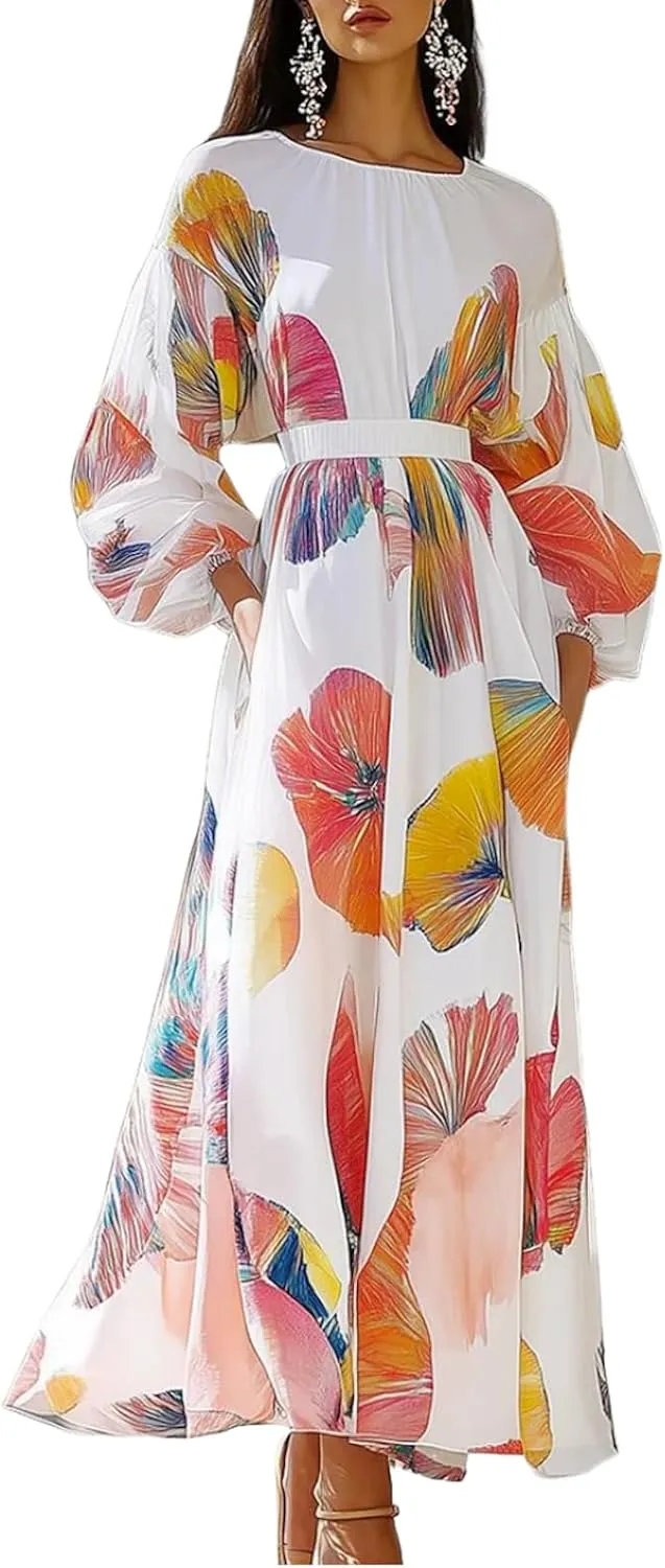 Women's Dresses Sophisticated Round Neck Puff Long Sleeves Dress Formal Floral Print A Line Maxi Dress Wedding Guest Dresses