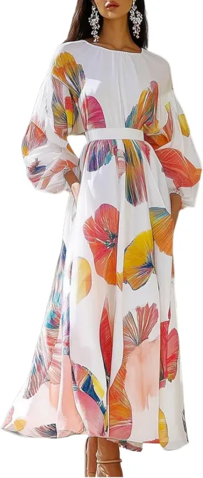 Women's Dresses Sophisticated Round Neck Puff Long Sleeves Dress Formal Floral Print A Line Maxi Dress Wedding Guest Dresses