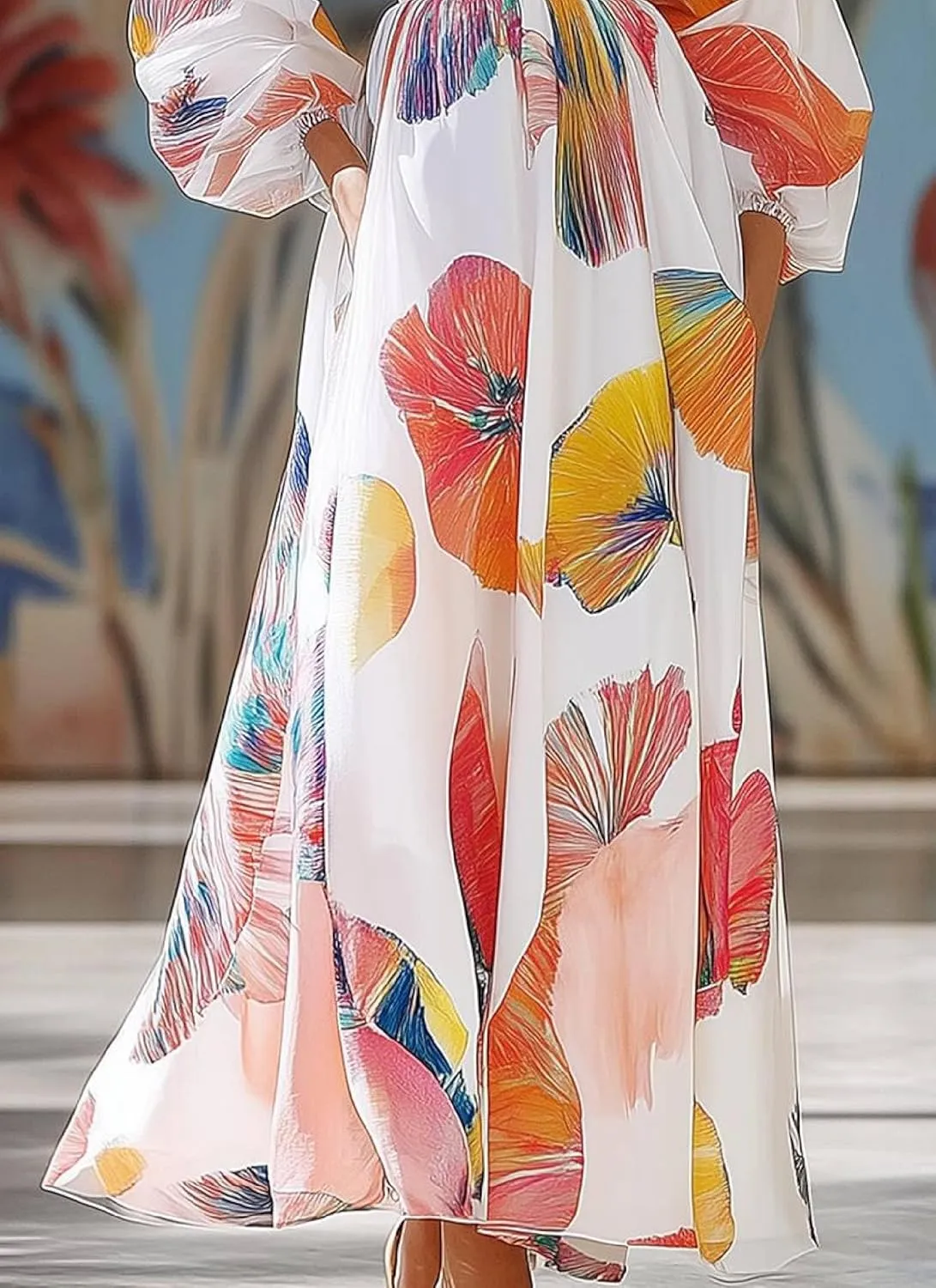 Women's Dresses Sophisticated Round Neck Puff Long Sleeves Dress Formal Floral Print A Line Maxi Dress Wedding Guest Dresses