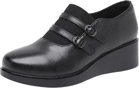 Women's Genuine Leather Wedge Loafers with Adjust Buckle Strap Casual Comfortable Round Toe Slip On Soft Platform Walking Shoes for Daily Driving Work Mom Shoes
