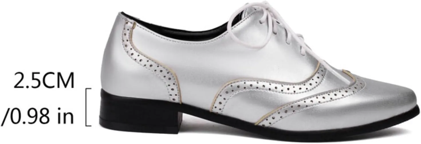 Women's Lace Up Leather Perforated Oxfords Sexy Pointed Toe Low Chunky Block Heels Wingtip Flat Brogues Comfortable Derby Saddle Pumps Shoes