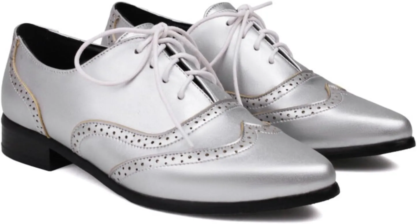 Women's Lace Up Leather Perforated Oxfords Sexy Pointed Toe Low Chunky Block Heels Wingtip Flat Brogues Comfortable Derby Saddle Pumps Shoes