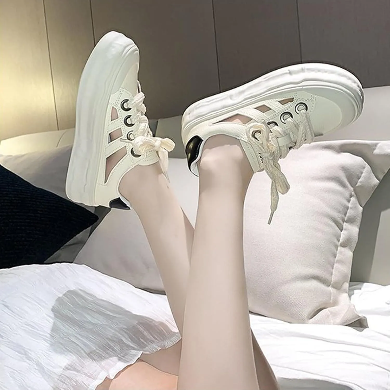 Women's Leather Hollow Platform Sneakers Comfortable Wide Round Toe Lace Up Non-Slip Walking Flat Shoes Casual Summer Low Top Tennis Sport Sandals