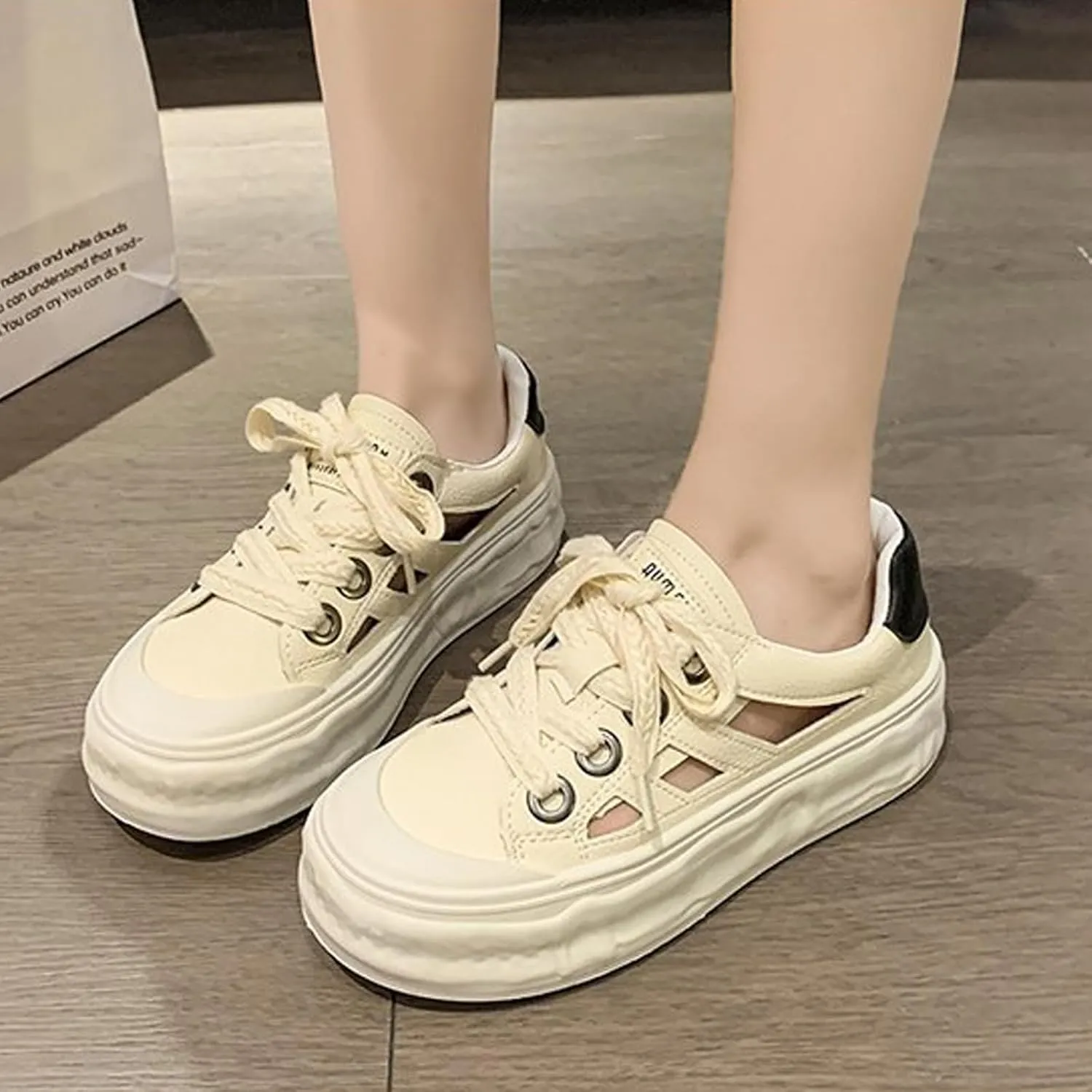 Women's Leather Hollow Platform Sneakers Comfortable Wide Round Toe Lace Up Non-Slip Walking Flat Shoes Casual Summer Low Top Tennis Sport Sandals