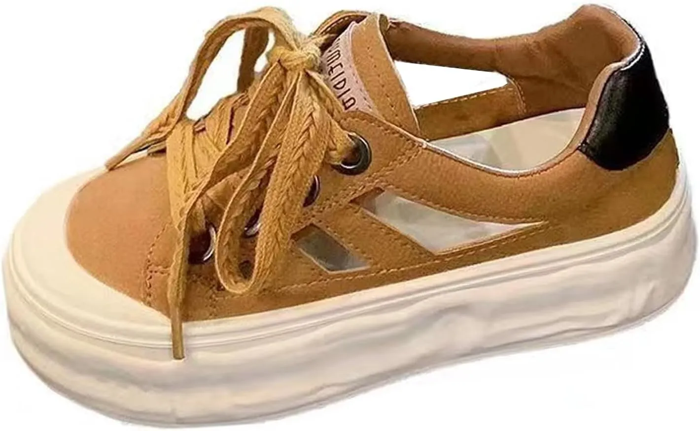 Women's Leather Hollow Platform Sneakers Comfortable Wide Round Toe Lace Up Non-Slip Walking Flat Shoes Casual Summer Low Top Tennis Sport Sandals