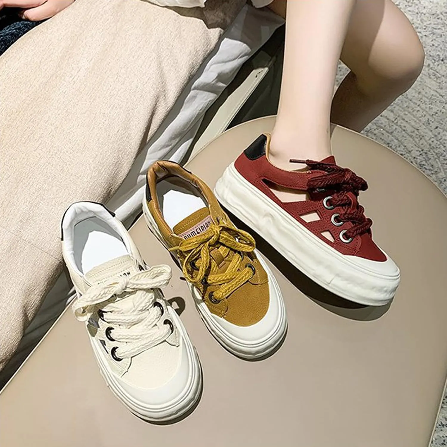 Women's Leather Hollow Platform Sneakers Comfortable Wide Round Toe Lace Up Non-Slip Walking Flat Shoes Casual Summer Low Top Tennis Sport Sandals