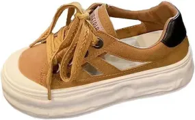 Women's Leather Hollow Platform Sneakers Comfortable Wide Round Toe Lace Up Non-Slip Walking Flat Shoes Casual Summer Low Top Tennis Sport Sandals