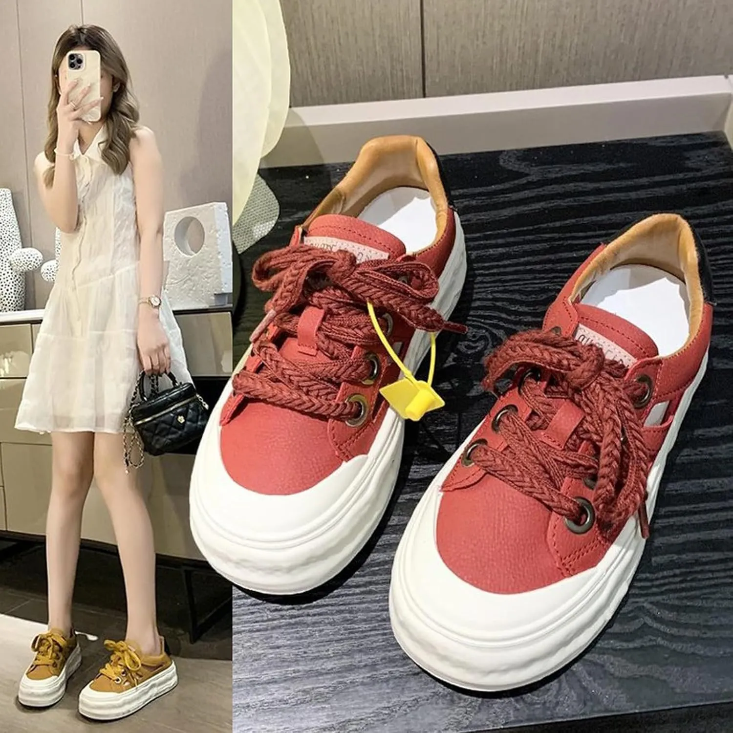Women's Leather Hollow Platform Sneakers Comfortable Wide Round Toe Lace Up Non-Slip Walking Flat Shoes Casual Summer Low Top Tennis Sport Sandals