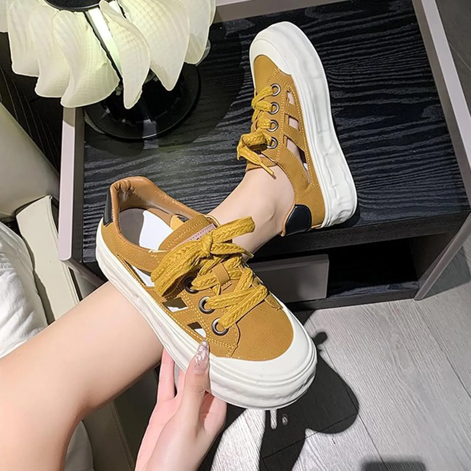 Women's Leather Hollow Platform Sneakers Comfortable Wide Round Toe Lace Up Non-Slip Walking Flat Shoes Casual Summer Low Top Tennis Sport Sandals