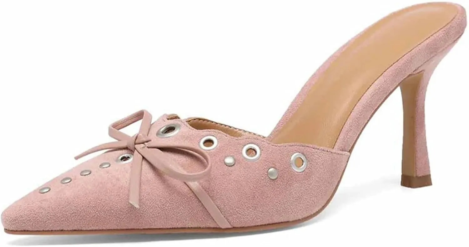 Women's Slip On Pumps Kitten Heeled Sandals Pointy Studded Suede Bow Mule Shoes for Women Ladies Dress Dance