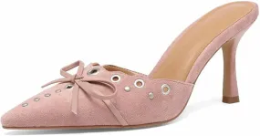 Women's Slip On Pumps Kitten Heeled Sandals Pointy Studded Suede Bow Mule Shoes for Women Ladies Dress Dance