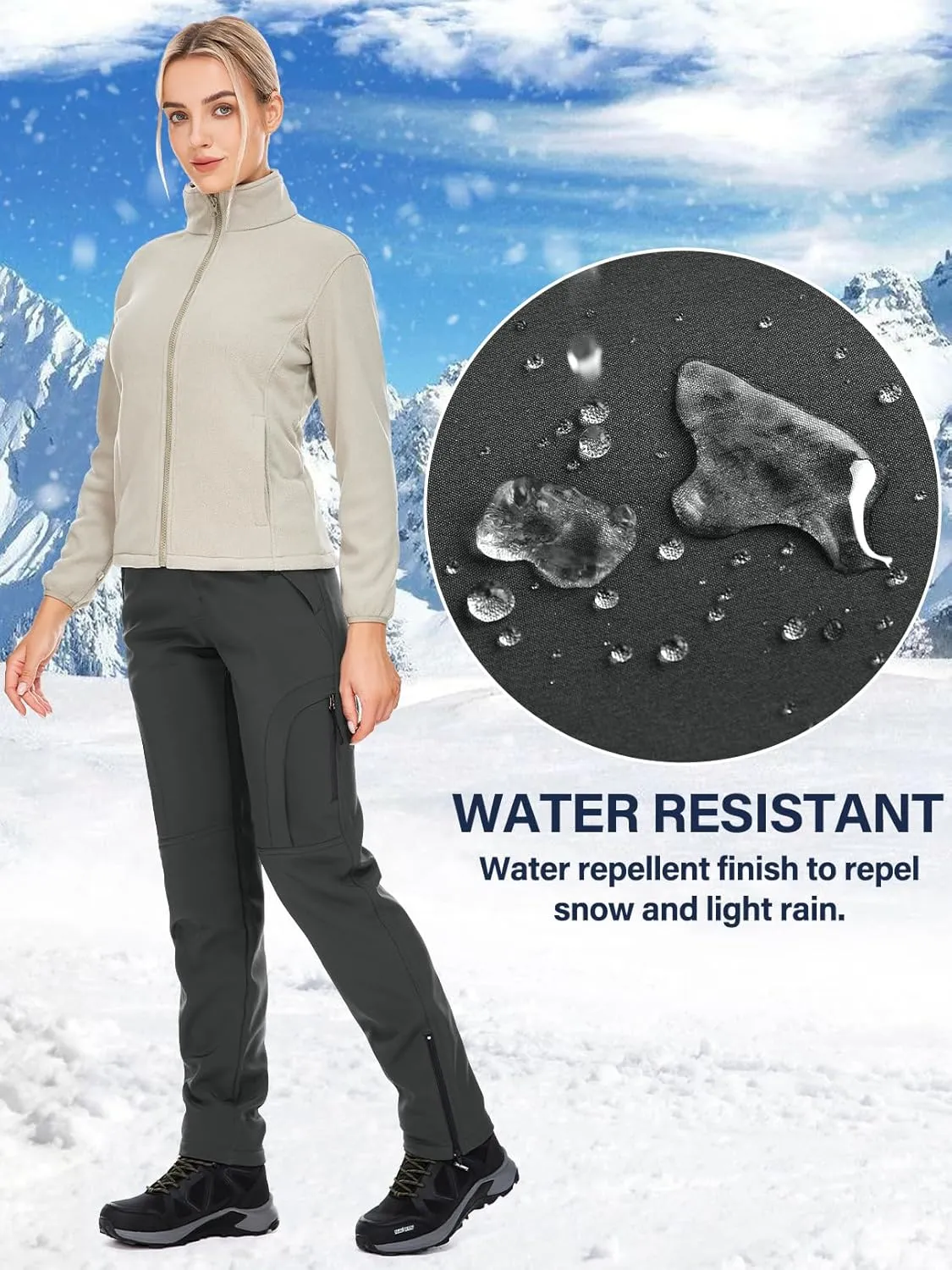 Womens Snow Pants Winter Waterproof Outdoor Soft Shell Fleece Linded Cargo Ski Hiking Pants