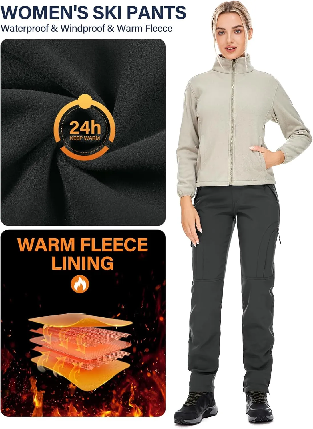 Womens Snow Pants Winter Waterproof Outdoor Soft Shell Fleece Linded Cargo Ski Hiking Pants