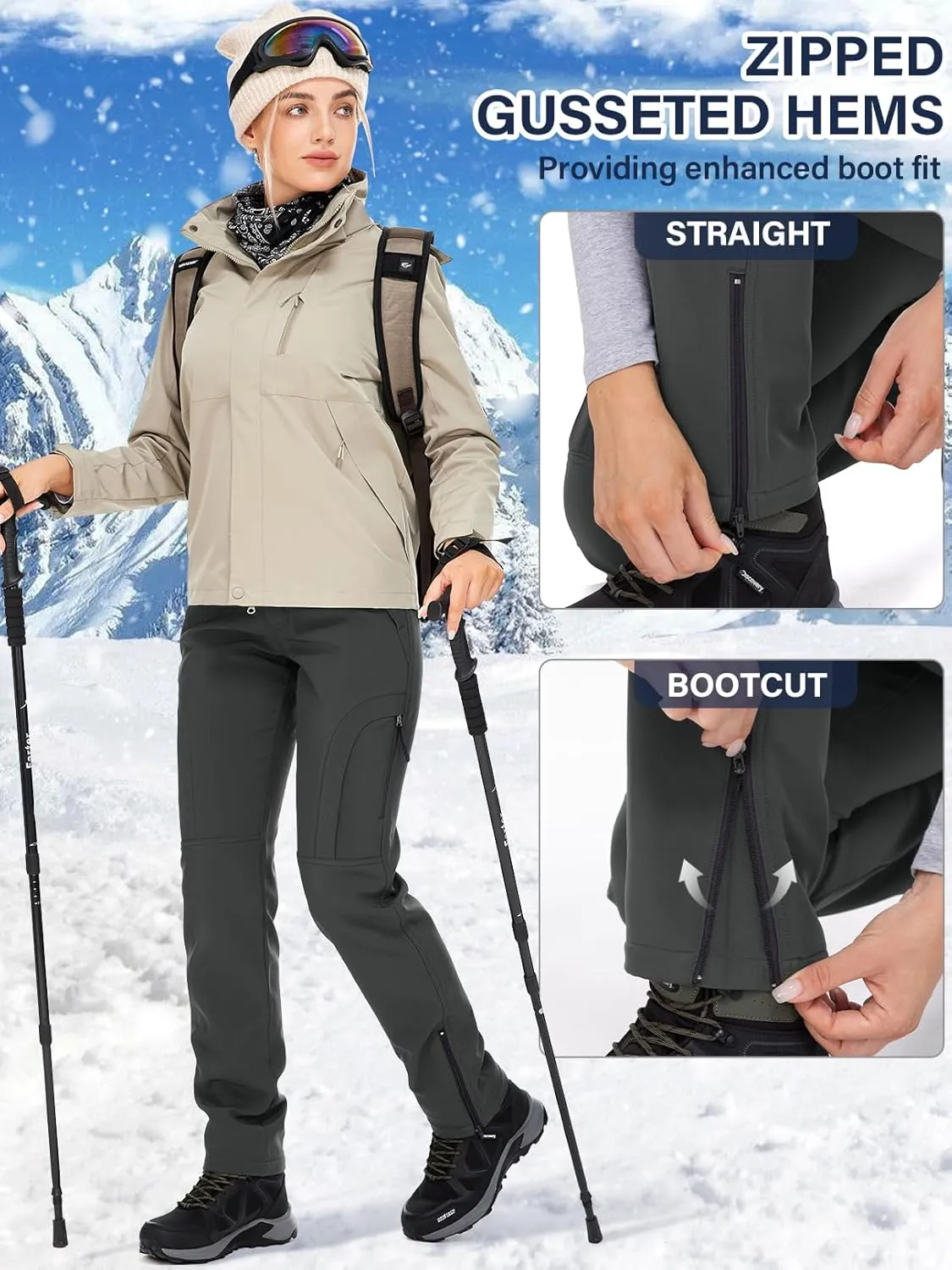 Womens Snow Pants Winter Waterproof Outdoor Soft Shell Fleece Linded Cargo Ski Hiking Pants
