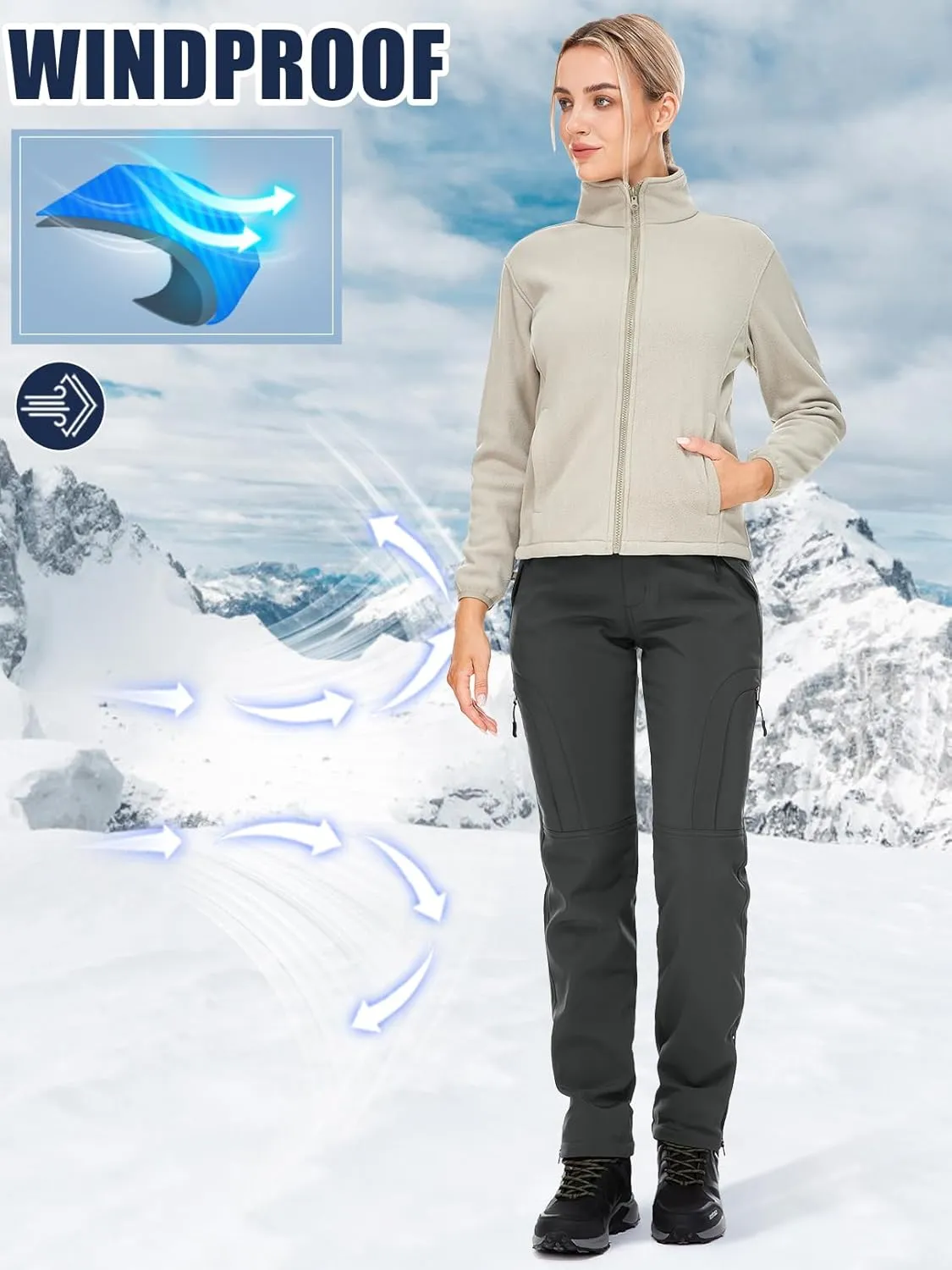 Womens Snow Pants Winter Waterproof Outdoor Soft Shell Fleece Linded Cargo Ski Hiking Pants
