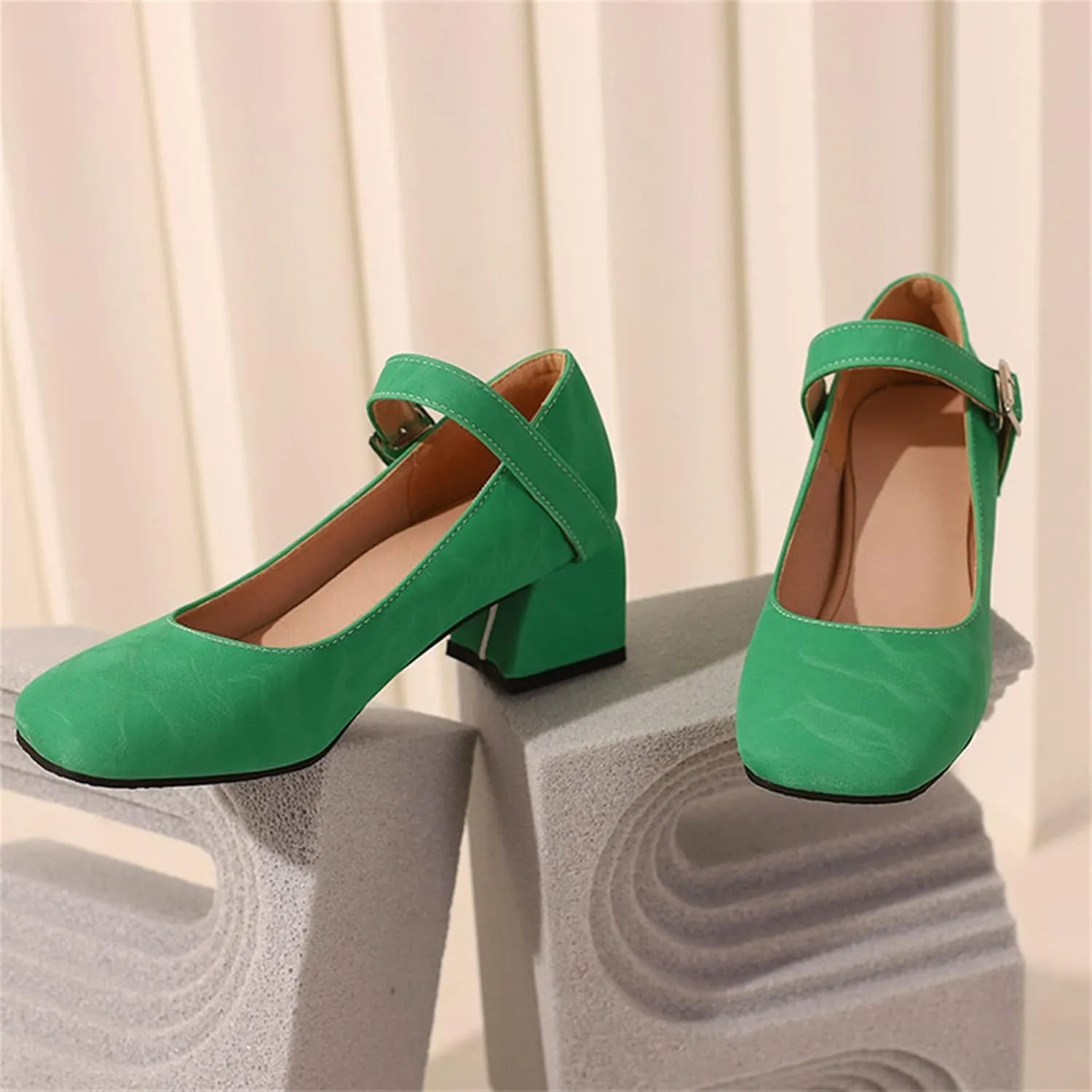 Work Shoes Women Non Slip Mary Jane Closed Toe Chunky Heels Square Toe Dress Shoes T Strap Block Pumps