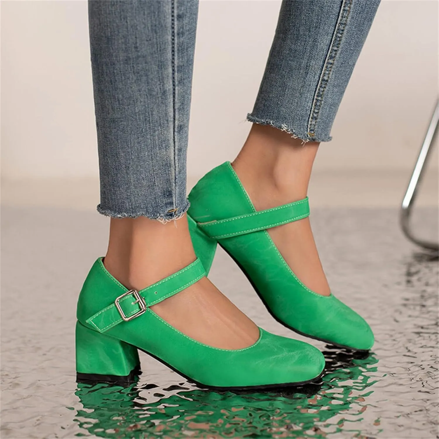 Work Shoes Women Non Slip Mary Jane Closed Toe Chunky Heels Square Toe Dress Shoes T Strap Block Pumps